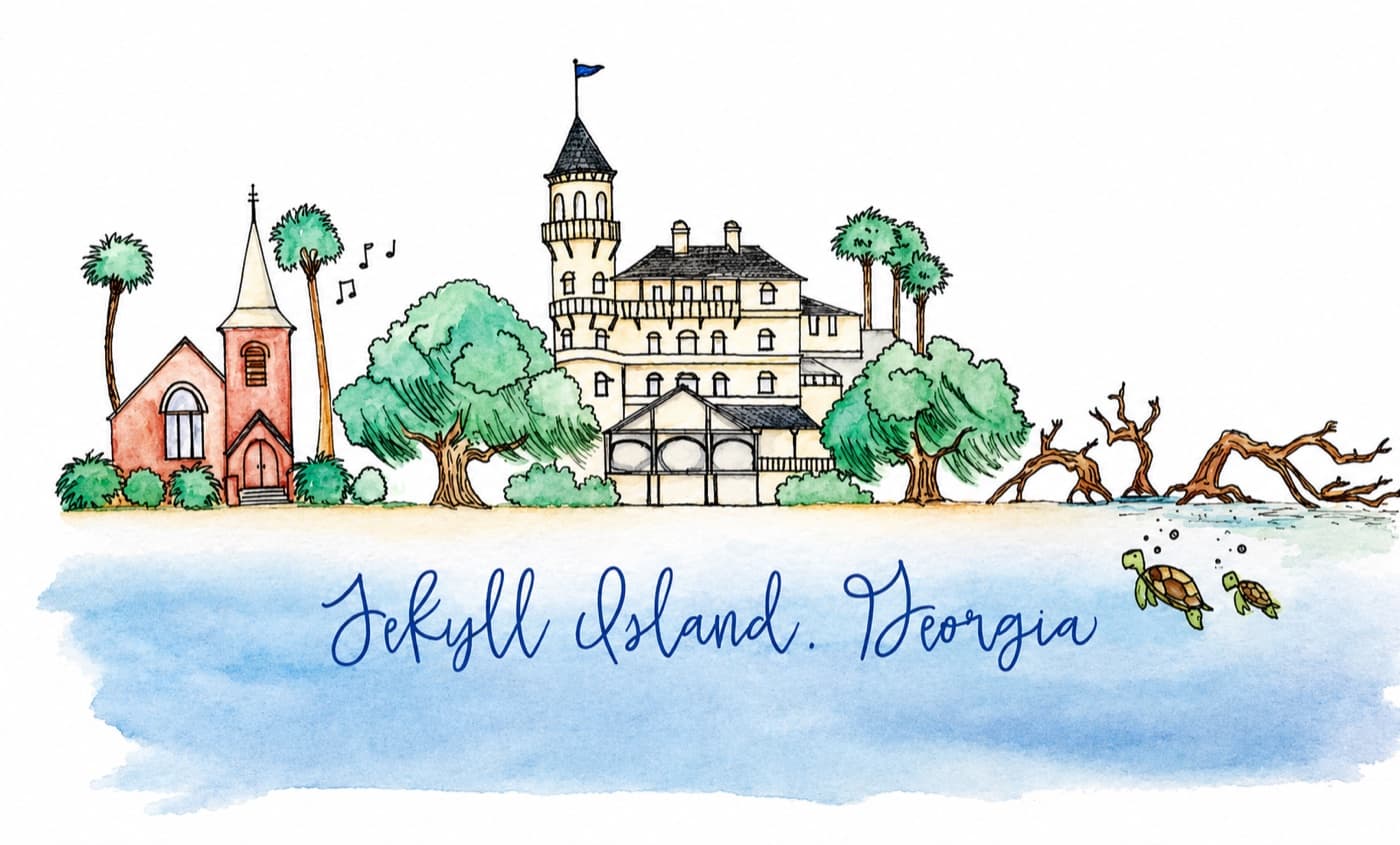 Watercolor illustration of Jekyll Island, Georgia